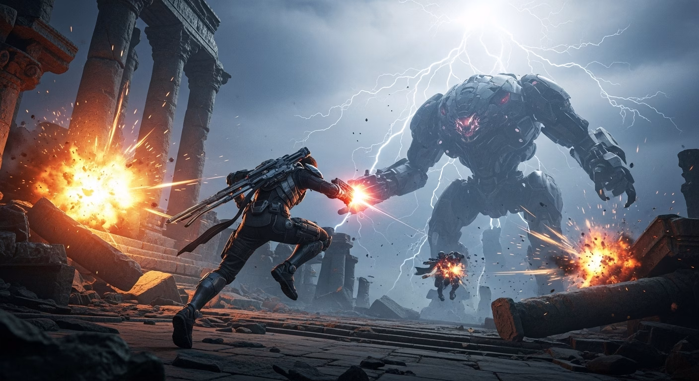 A dynamic, wide-angle shot of a protagonist engaged in a high-octane action sequence. The character, clad in futuristic armor, leaps across crumbling ancient ruins towards a towering, menacing mech in a vast, storm-swept open world. Explosions and particle effects fill the air, and dramatic lightning illuminates the scene. Photorealistic, action-packed, cinematic, with emphasis on scale and motion.
