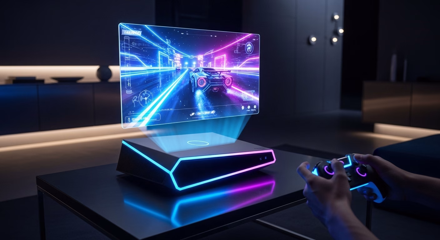 A futuristic gaming console glowing with neon light, casting reflections onto a sleek, transparent holographic display showing dynamic gameplay footage. The scene is set in a dimly lit, high-tech living room, with a gamer’s hands subtly blurring over a controller. Photorealistic, high-contrast, deep shadows, cinematic lighting.