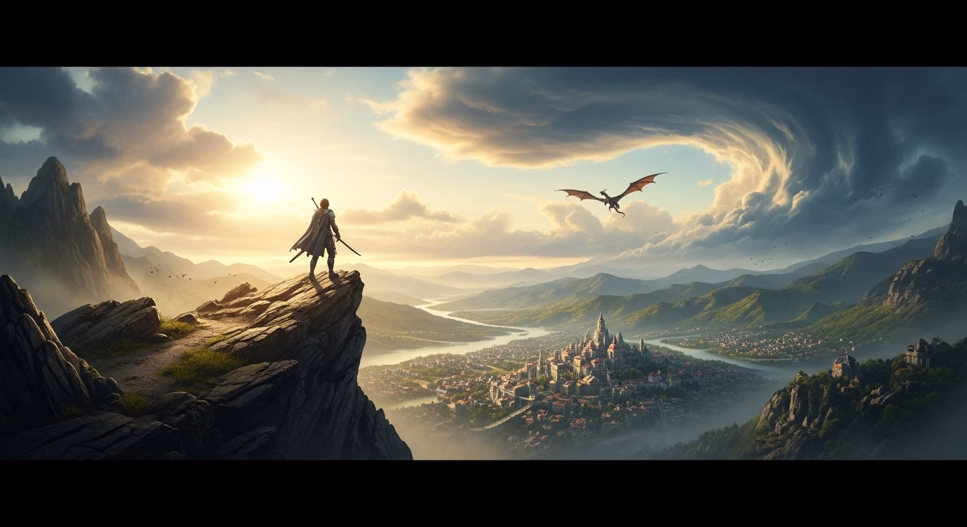 A grand, epic fantasy scene featuring a lone hero standing on a craggy peak, overlooking a sprawling, vibrant kingdom nestled in a valley below. A majestic dragon soars in the distance under a sky filled with dramatic, swirling clouds. The golden light of a setting sun illuminates the scene, casting long shadows. Photorealistic, wide-angle, highly detailed, fantasy art style with cinematic depth.