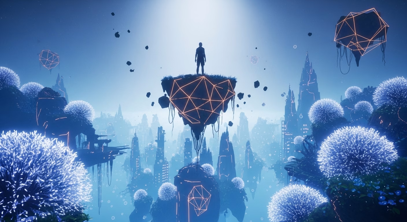 A highly stylized, dreamlike scene featuring a lone, silhouetted figure standing on a floating island made of glowing geometric shapes. Below them, a vibrant, surreal landscape of impossible architecture and shimmering, crystalline flora stretches into the distance. The lighting is ethereal and mysterious, evoking wonder. Art style is unique, almost hand-drawn yet digitally rendered, with a strong emphasis on atmosphere. Photorealistic elements blended with stylized forms.