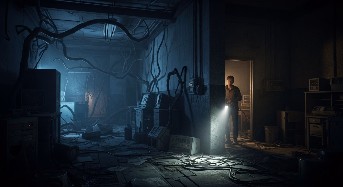 A terrifying, photorealistic scene inside a dilapidated, dimly lit abandoned research facility. A lone, terrified figure, holding a flickering flashlight, peers around a corner. Twisted shadows stretch ominously, and discarded equipment lies strewn across a grimy floor. The atmosphere is thick with dread, and the presence of an unseen, monstrous entity is palpable. Ultra-realistic, high detail, psychological horror style, with a focus on unsettling atmosphere and tension.