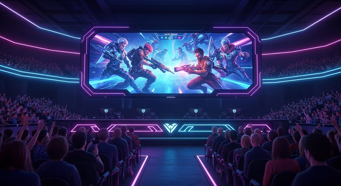 An intense, close-up shot of a futuristic esports arena filled with cheering fans, illuminated by vibrant neon lights. On a giant screen, two teams of highly stylized characters are locked in a fast-paced, high-action combat sequence. The focus is on the dynamic energy of the competition and the engaged audience. Photorealistic, high-energy, dynamic, futuristic cyber-sport aesthetic.